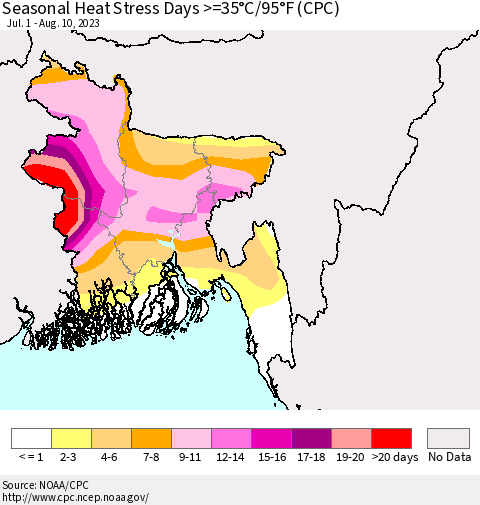 Bangladesh Seasonal Heat Stress Days >=35°C/95°F (CPC) Thematic Map For 7/1/2023 - 8/10/2023