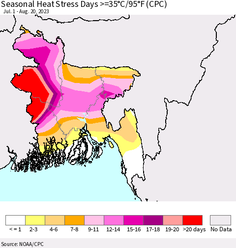 Bangladesh Seasonal Heat Stress Days >=35°C/95°F (CPC) Thematic Map For 7/1/2023 - 8/20/2023