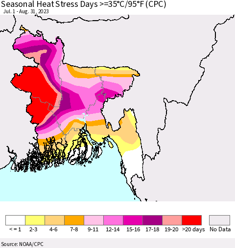 Bangladesh Seasonal Heat Stress Days >=35°C/95°F (CPC) Thematic Map For 7/1/2023 - 8/31/2023