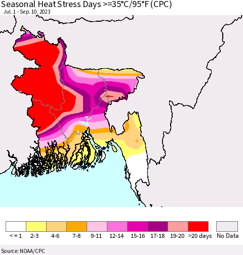 Bangladesh Seasonal Heat Stress Days >=35°C/95°F (CPC) Thematic Map For 7/1/2023 - 9/10/2023