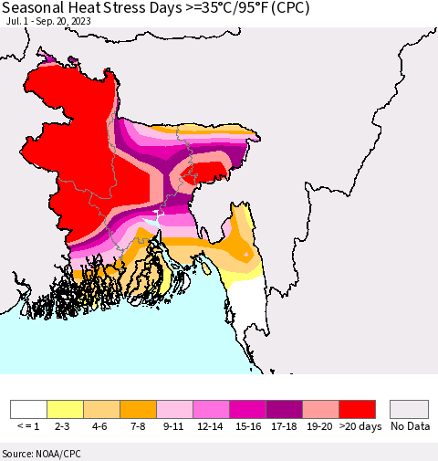 Bangladesh Seasonal Heat Stress Days >=35°C/95°F (CPC) Thematic Map For 7/1/2023 - 9/20/2023