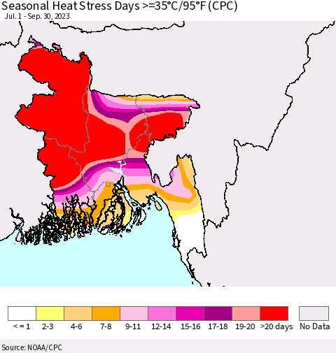 Bangladesh Seasonal Heat Stress Days >=35°C/95°F (CPC) Thematic Map For 7/1/2023 - 9/30/2023