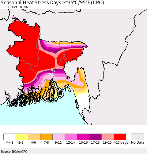 Bangladesh Seasonal Heat Stress Days >=35°C/95°F (CPC) Thematic Map For 7/1/2023 - 10/10/2023