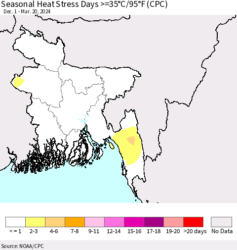 Bangladesh Seasonal Heat Stress Days >=35°C/95°F (CPC) Thematic Map For 12/1/2023 - 3/20/2024