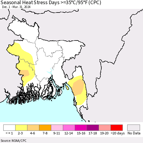 Bangladesh Seasonal Heat Stress Days >=35°C/95°F (CPC) Thematic Map For 12/1/2023 - 3/31/2024
