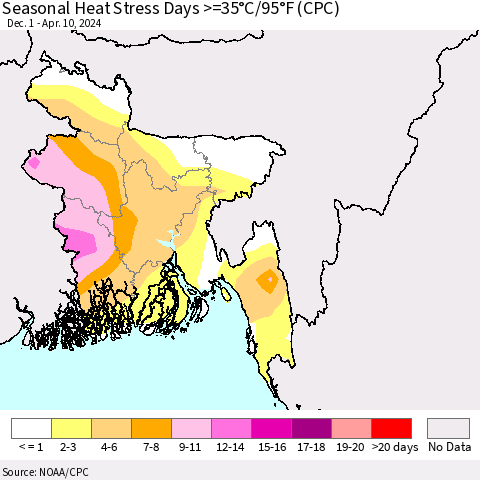 Bangladesh Seasonal Heat Stress Days >=35°C/95°F (CPC) Thematic Map For 12/1/2023 - 4/10/2024