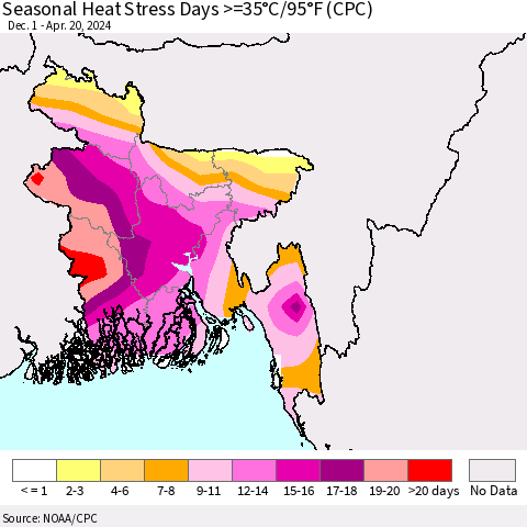 Bangladesh Seasonal Heat Stress Days >=35°C/95°F (CPC) Thematic Map For 12/1/2023 - 4/20/2024