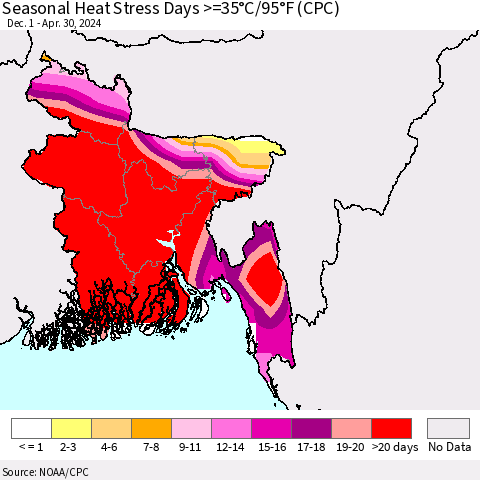Bangladesh Seasonal Heat Stress Days >=35°C/95°F (CPC) Thematic Map For 12/1/2023 - 4/30/2024