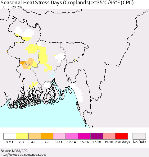 Bangladesh Seasonal Heat Stress Days (Croplands) >=35°C/95°F (CPC) Thematic Map For 7/1/2021 - 7/20/2021