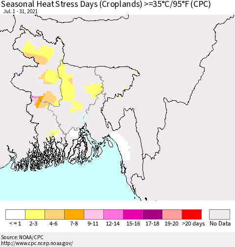 Bangladesh Seasonal Heat Stress Days (Croplands) >=35°C/95°F (CPC) Thematic Map For 7/1/2021 - 7/31/2021