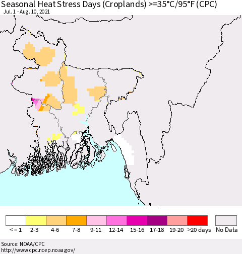 Bangladesh Seasonal Heat Stress Days (Croplands) >=35°C/95°F (CPC) Thematic Map For 7/1/2021 - 8/10/2021