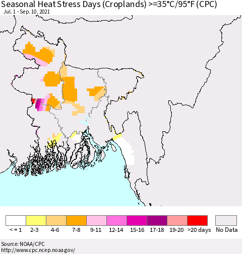 Bangladesh Seasonal Heat Stress Days (Croplands) >=35°C/95°F (CPC) Thematic Map For 7/1/2021 - 9/10/2021