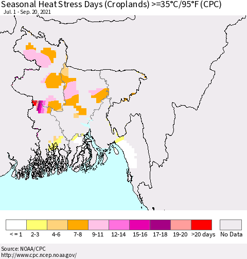 Bangladesh Seasonal Heat Stress Days (Croplands) >=35°C/95°F (CPC) Thematic Map For 7/1/2021 - 9/20/2021