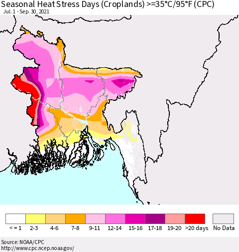 Bangladesh Seasonal Heat Stress Days (Croplands) >=35°C/95°F (CPC) Thematic Map For 7/1/2021 - 9/30/2021