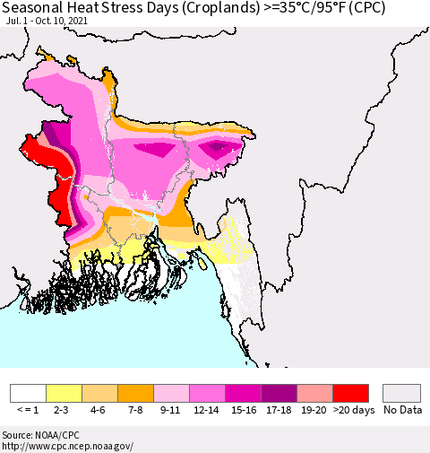Bangladesh Seasonal Heat Stress Days (Croplands) >=35°C/95°F (CPC) Thematic Map For 7/1/2021 - 10/10/2021