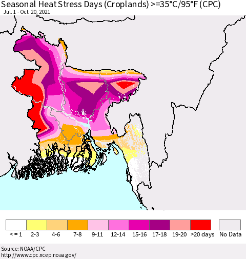 Bangladesh Seasonal Heat Stress Days (Croplands) >=35°C/95°F (CPC) Thematic Map For 7/1/2021 - 10/20/2021