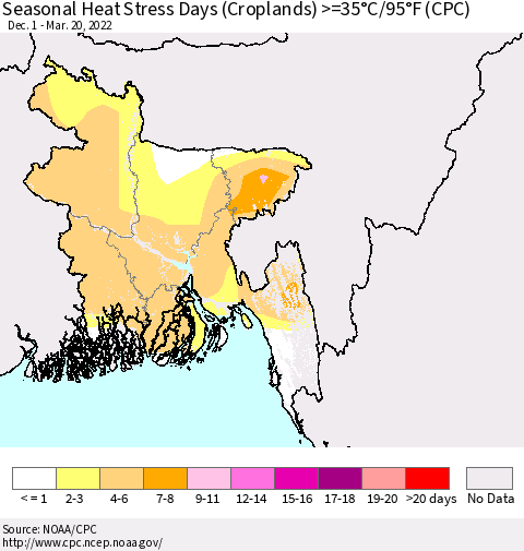 Bangladesh Seasonal Heat Stress Days (Croplands) >=35°C/95°F (CPC) Thematic Map For 12/1/2021 - 3/20/2022