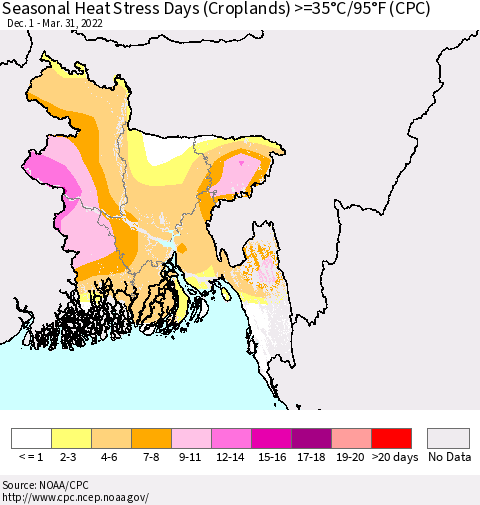 Bangladesh Seasonal Heat Stress Days (Croplands) >=35°C/95°F (CPC) Thematic Map For 12/1/2021 - 3/31/2022