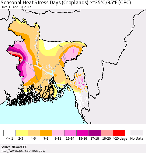 Bangladesh Seasonal Heat Stress Days (Croplands) >=35°C/95°F (CPC) Thematic Map For 12/1/2021 - 4/10/2022