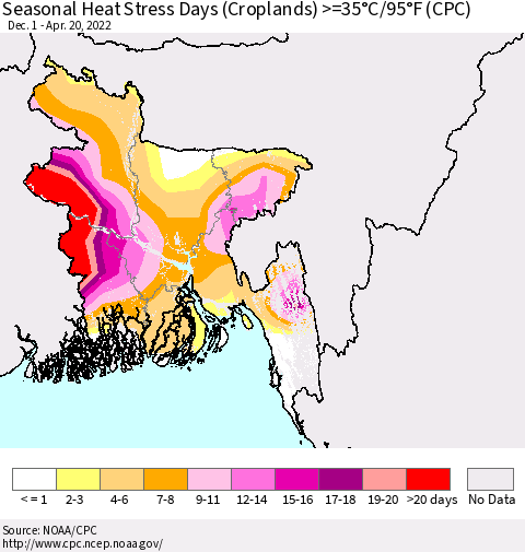 Bangladesh Seasonal Heat Stress Days (Croplands) >=35°C/95°F (CPC) Thematic Map For 12/1/2021 - 4/20/2022