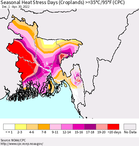 Bangladesh Seasonal Heat Stress Days (Croplands) >=35°C/95°F (CPC) Thematic Map For 12/1/2021 - 4/30/2022