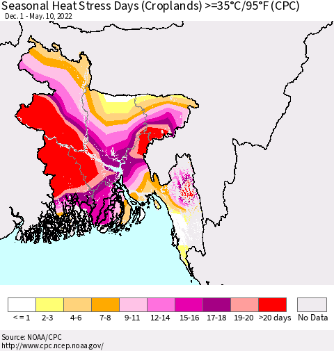 Bangladesh Seasonal Heat Stress Days (Croplands) >=35°C/95°F (CPC) Thematic Map For 12/1/2021 - 5/10/2022