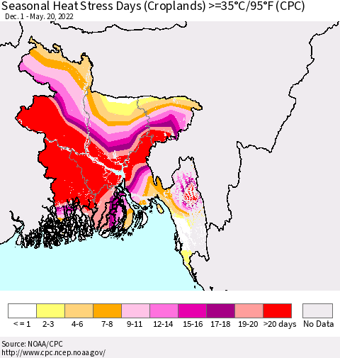 Bangladesh Seasonal Heat Stress Days (Croplands) >=35°C/95°F (CPC) Thematic Map For 12/1/2021 - 5/20/2022