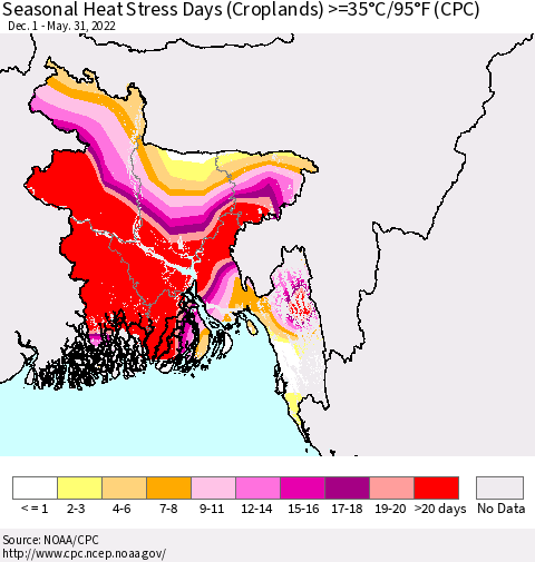 Bangladesh Seasonal Heat Stress Days (Croplands) >=35°C/95°F (CPC) Thematic Map For 12/1/2021 - 5/31/2022