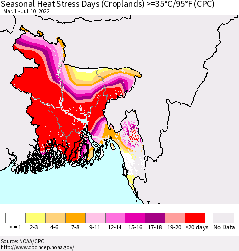 Bangladesh Seasonal Heat Stress Days (Croplands) >=35°C/95°F (CPC) Thematic Map For 3/1/2022 - 7/10/2022