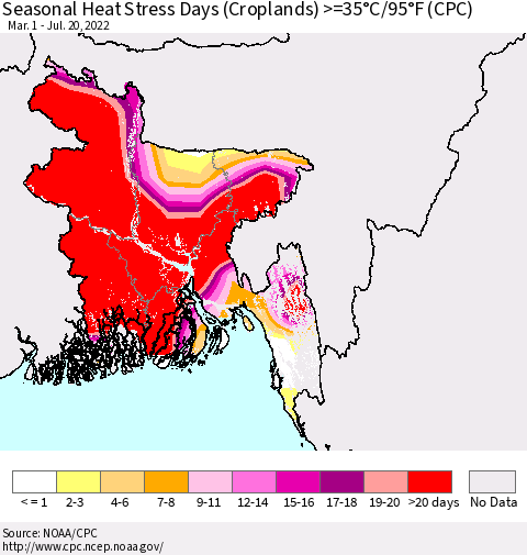 Bangladesh Seasonal Heat Stress Days (Croplands) >=35°C/95°F (CPC) Thematic Map For 3/1/2022 - 7/20/2022