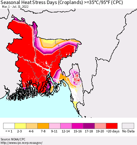 Bangladesh Seasonal Heat Stress Days (Croplands) >=35°C/95°F (CPC) Thematic Map For 3/1/2022 - 7/31/2022