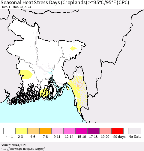 Bangladesh Seasonal Heat Stress Days (Croplands) >=35°C/95°F (CPC) Thematic Map For 12/1/2022 - 3/20/2023