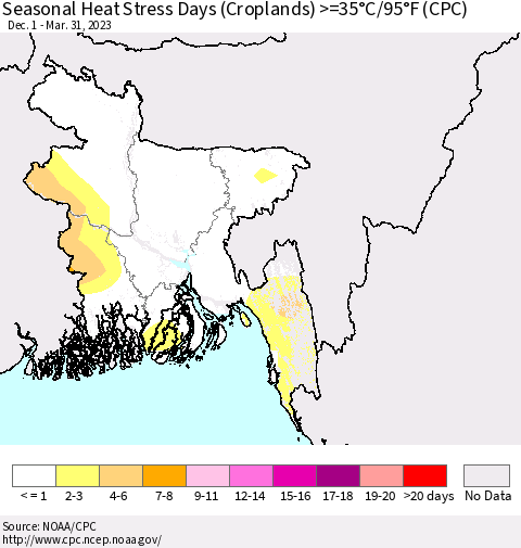 Bangladesh Seasonal Heat Stress Days (Croplands) >=35°C/95°F (CPC) Thematic Map For 12/1/2022 - 3/31/2023