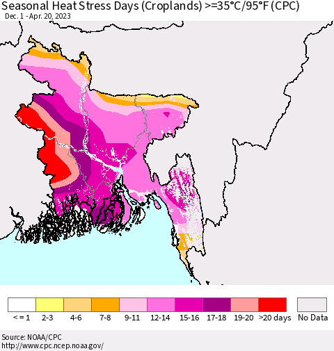 Bangladesh Seasonal Heat Stress Days (Croplands) >=35°C/95°F (CPC) Thematic Map For 12/1/2022 - 4/20/2023