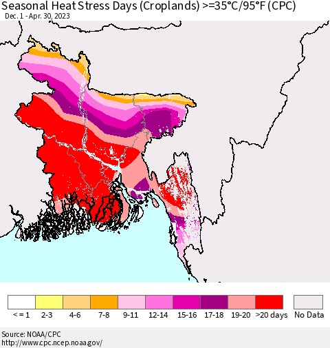 Bangladesh Seasonal Heat Stress Days (Croplands) >=35°C/95°F (CPC) Thematic Map For 12/1/2022 - 4/30/2023