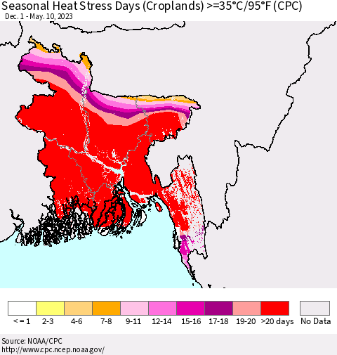 Bangladesh Seasonal Heat Stress Days (Croplands) >=35°C/95°F (CPC) Thematic Map For 12/1/2022 - 5/10/2023