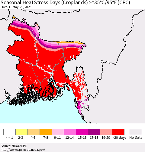 Bangladesh Seasonal Heat Stress Days (Croplands) >=35°C/95°F (CPC) Thematic Map For 12/1/2022 - 5/20/2023