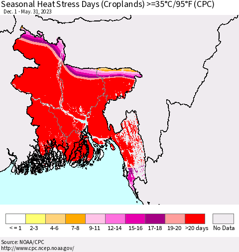 Bangladesh Seasonal Heat Stress Days (Croplands) >=35°C/95°F (CPC) Thematic Map For 12/1/2022 - 5/31/2023