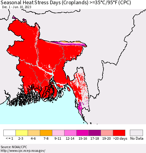 Bangladesh Seasonal Heat Stress Days (Croplands) >=35°C/95°F (CPC) Thematic Map For 12/1/2022 - 6/10/2023