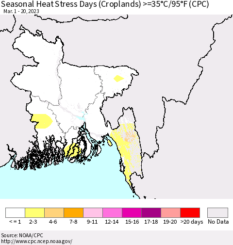 Bangladesh Seasonal Heat Stress Days (Croplands) >=35°C/95°F (CPC) Thematic Map For 3/1/2023 - 3/20/2023