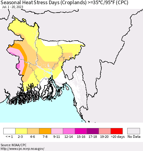 Bangladesh Seasonal Heat Stress Days (Croplands) >=35°C/95°F (CPC) Thematic Map For 7/1/2023 - 7/20/2023