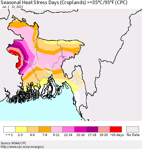 Bangladesh Seasonal Heat Stress Days (Croplands) >=35°C/95°F (CPC) Thematic Map For 7/1/2023 - 7/31/2023