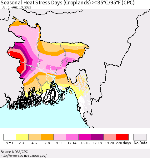 Bangladesh Seasonal Heat Stress Days (Croplands) >=35°C/95°F (CPC) Thematic Map For 7/1/2023 - 8/10/2023