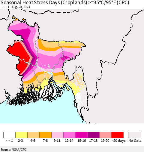 Bangladesh Seasonal Heat Stress Days (Croplands) >=35°C/95°F (CPC) Thematic Map For 7/1/2023 - 8/20/2023