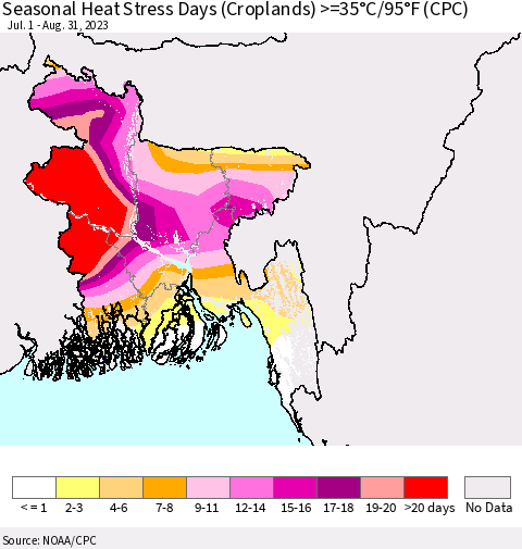 Bangladesh Seasonal Heat Stress Days (Croplands) >=35°C/95°F (CPC) Thematic Map For 7/1/2023 - 8/31/2023