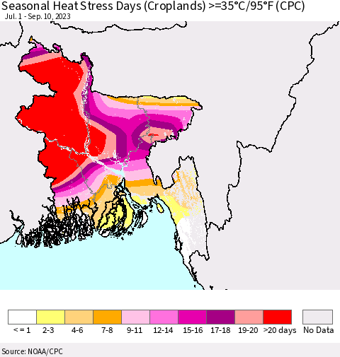 Bangladesh Seasonal Heat Stress Days (Croplands) >=35°C/95°F (CPC) Thematic Map For 7/1/2023 - 9/10/2023