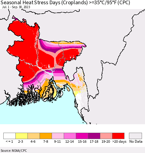 Bangladesh Seasonal Heat Stress Days (Croplands) >=35°C/95°F (CPC) Thematic Map For 7/1/2023 - 9/30/2023