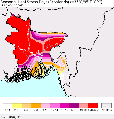 Bangladesh Seasonal Heat Stress Days (Croplands) >=35°C/95°F (CPC) Thematic Map For 7/1/2023 - 10/10/2023