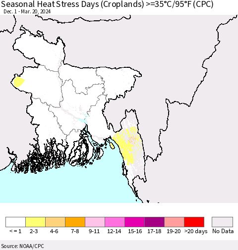 Bangladesh Seasonal Heat Stress Days (Croplands) >=35°C/95°F (CPC) Thematic Map For 12/1/2023 - 3/20/2024