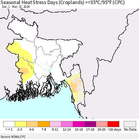 Bangladesh Seasonal Heat Stress Days (Croplands) >=35°C/95°F (CPC) Thematic Map For 12/1/2023 - 3/31/2024